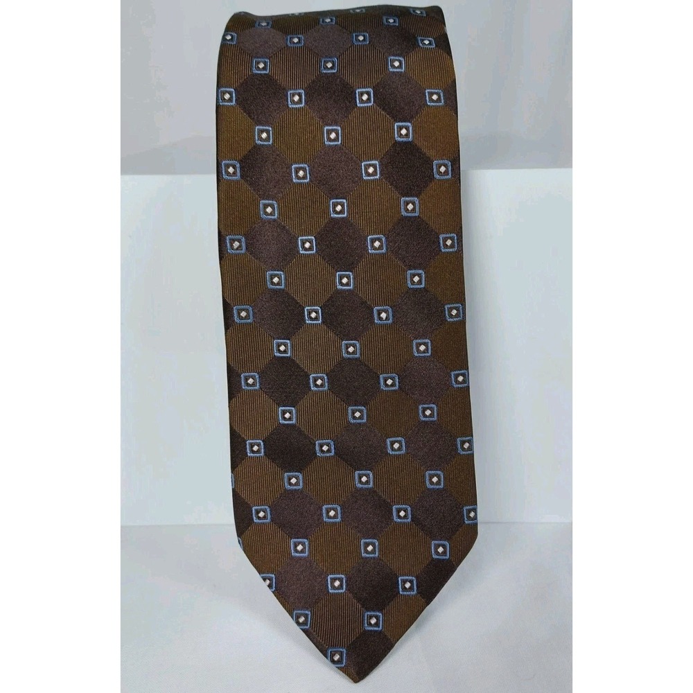 Tommy Hilfiger Necktie Brown Blue Geometric Dot 100% Silk Tie 3.5"x60"